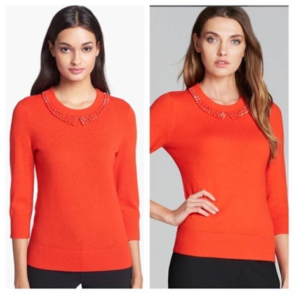 Kate Spade Coral Wool Cashmere Avaline Embellished Collar Sweater Size Medium - Picture 1 of 7